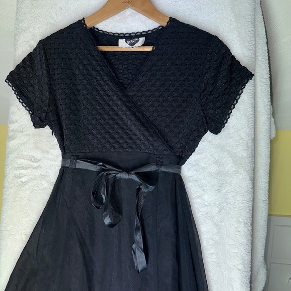 Vintage Black Sheer Overlay S Babydoll Dress V-neck Long Formal Prom Y2K 90s 80s - Picture 2 of 12